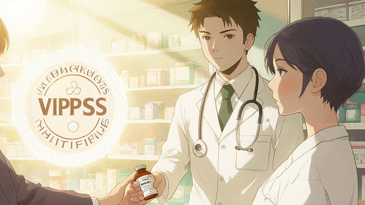 Pharmacist handing legitimate lamotrigine prescription with VIPPS certification seal.