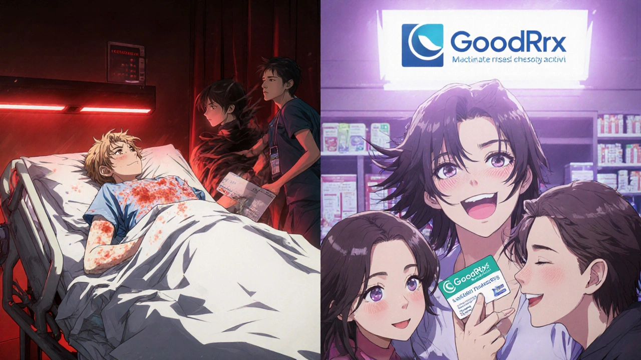 Split scene: person collapsing from reaction vs. person smiling at pharmacy with discount card.