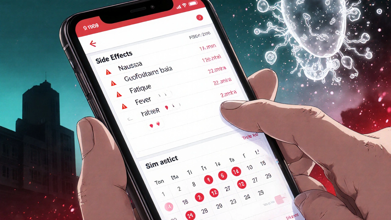 A smartphone screen shows a health app logging side effects with warning alerts glowing red.