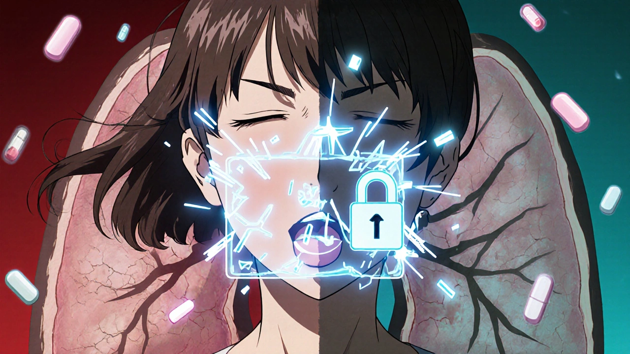 A woman coughing as an ACE enzyme breaks apart, replaced by a glowing ARB blocker symbol.