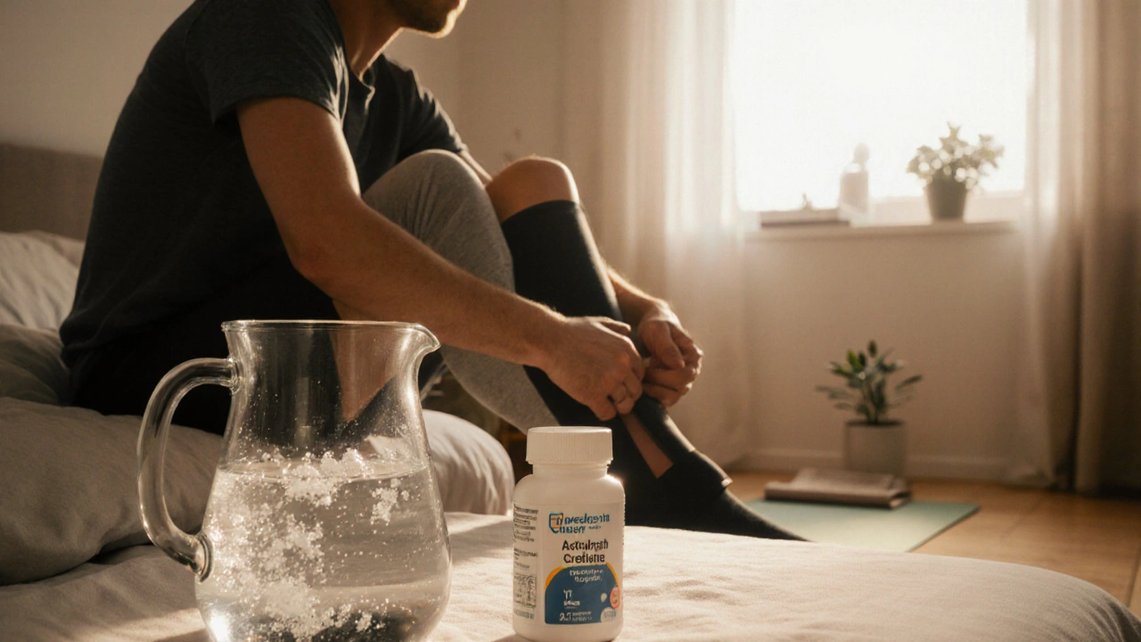Adult sitting on a bed putting on compression stockings, drinking water and practicing breathing.
