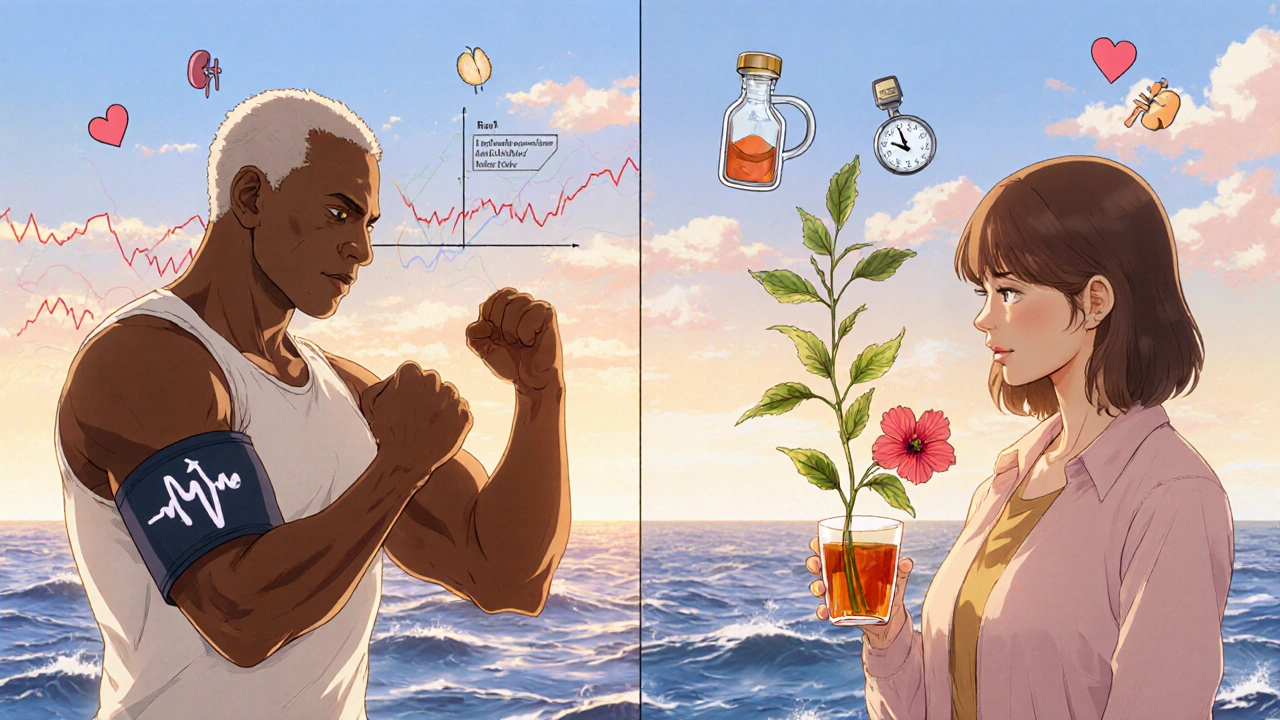 An older man exercising with a calcium channel blocker symbol, beside a woman drinking hibiscus tea as Lisinopril fades.