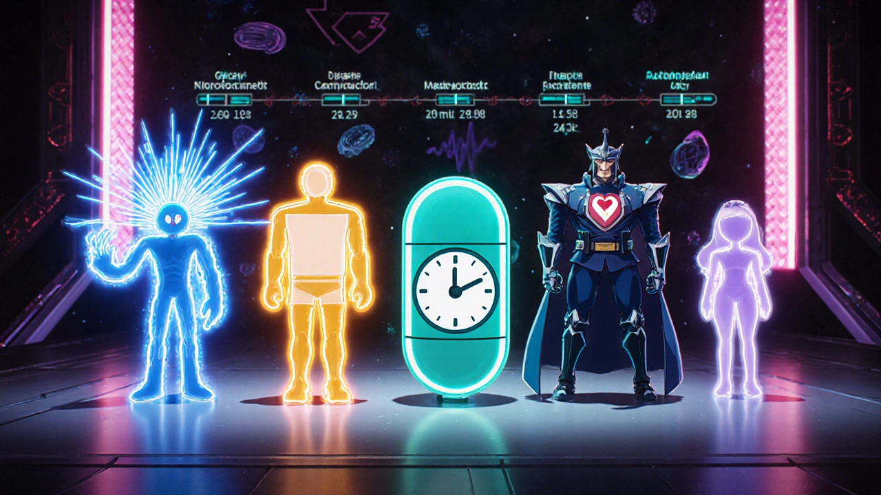Animated drug characters representing different angina meds pose together, highlighting their onset and duration.