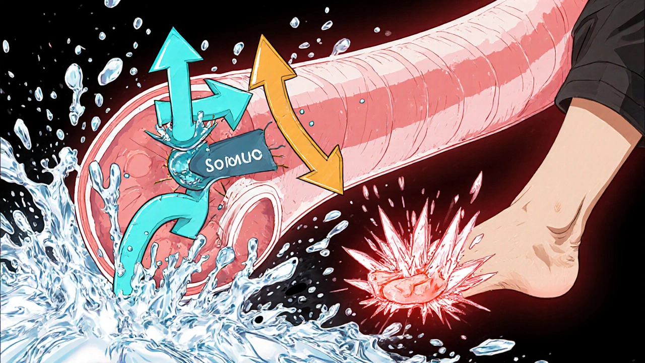 Animated kidney tubule showing sodium loss and uric‑acid reabsorption leading to joint crystals.