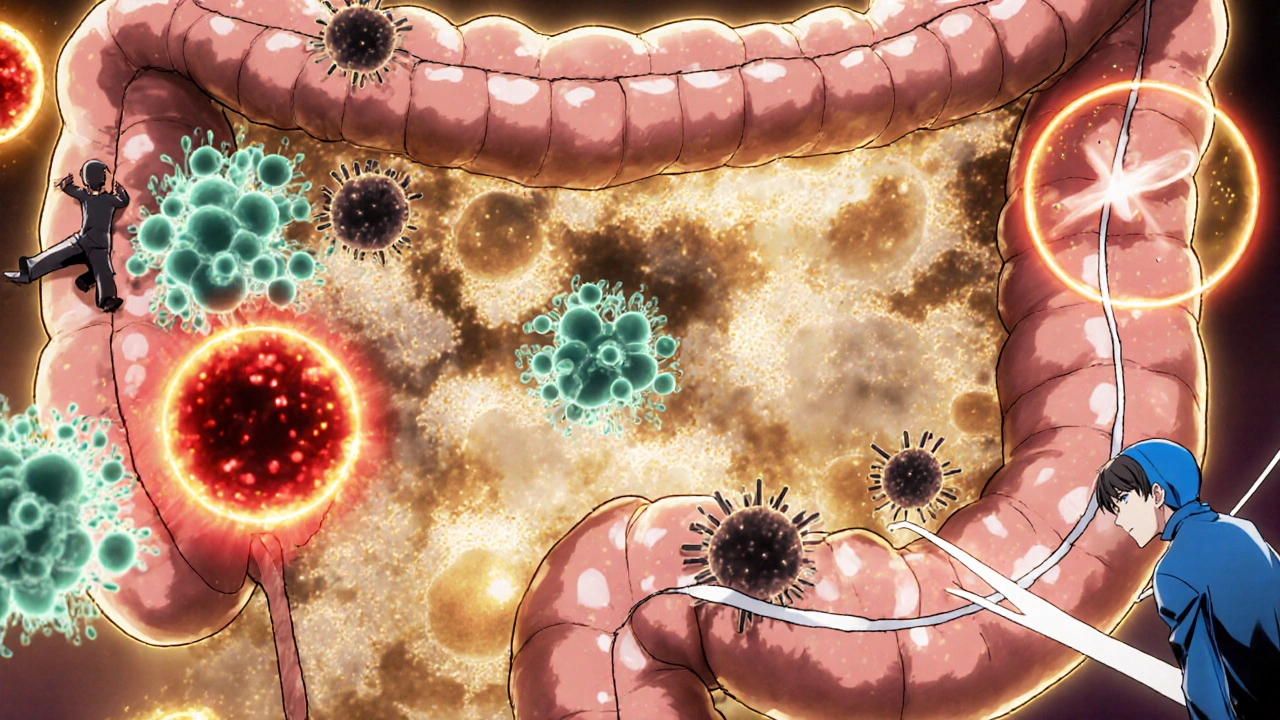 Anime cross-section of the intestine showing altered microbiome, short-chain fatty acids, and immune cells.