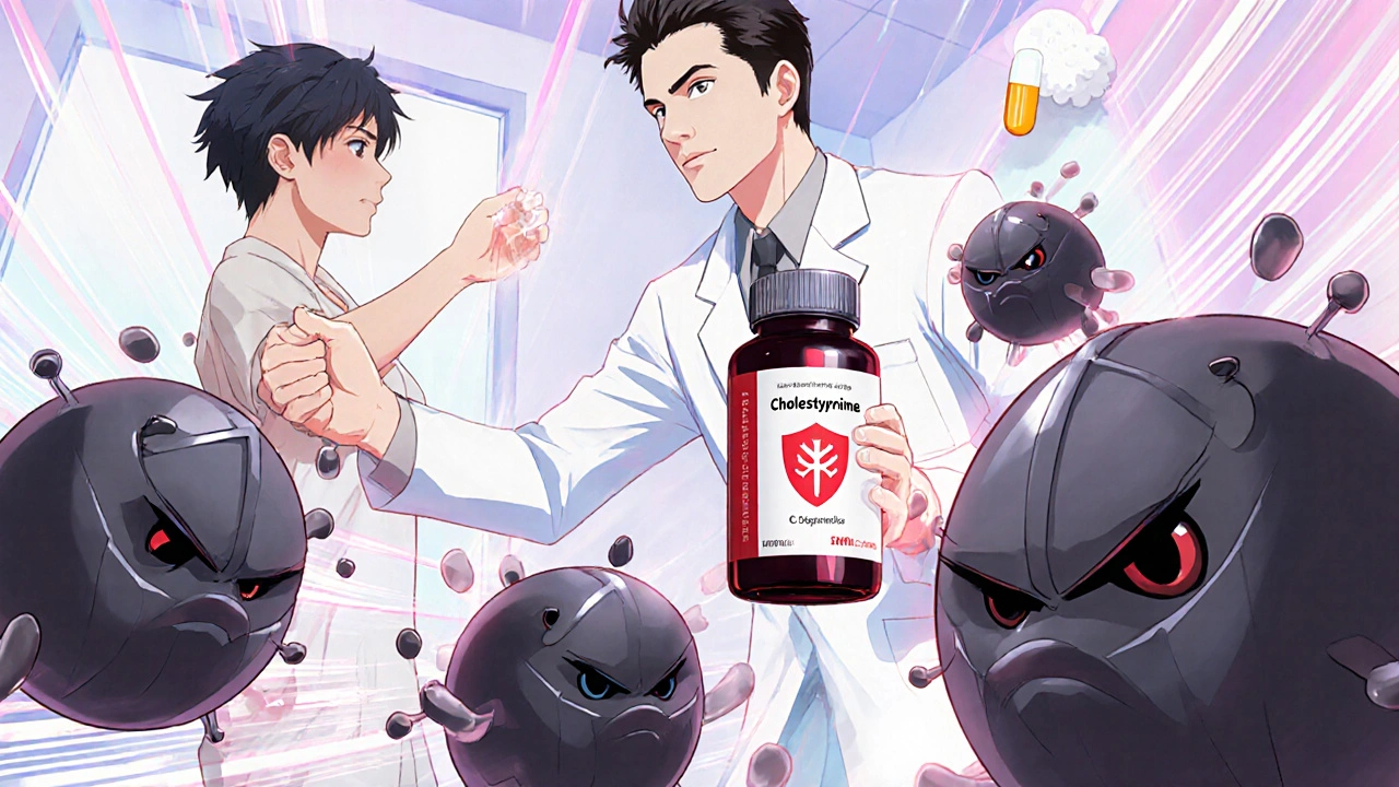 Anime scene of a doctor giving cholestyramine to a patient, highlighting C. difficile prevention and side effects.