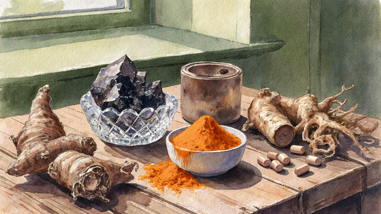 Assortment of natural herbs and mineral powders spread on a table in watercolor style.