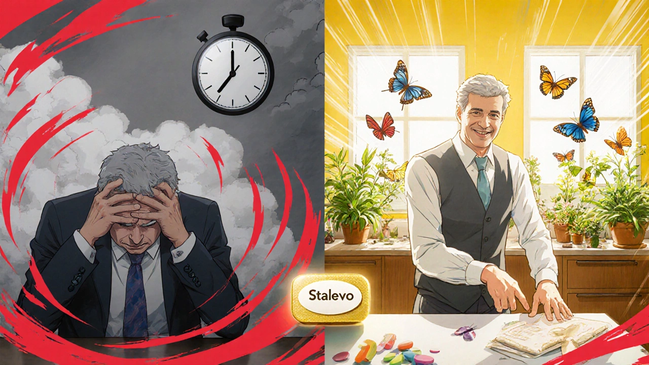 Before‑after split scene of a man feeling off at work and later gardening happily after medication.