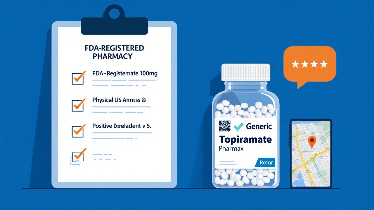 Checklist illustration with a Topiramate bottle, FDA seal, and safety verification items.