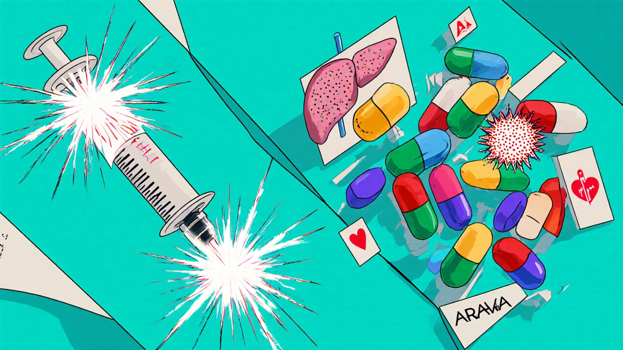 Collage of pills and syringes with floating icons for liver, rash, and infection risks.