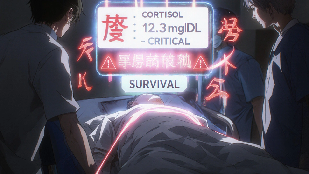 Collapsed patient in ER with floating steroid alert card and critical ACTH test result in glowing anime glyphs.