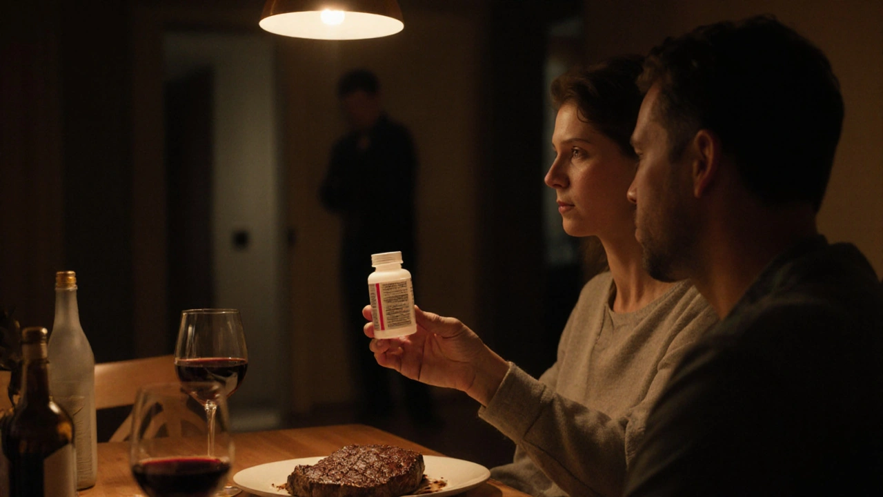 Couple at a kitchen table after dinner, man holding a pill bottle, warm ambient lighting.
