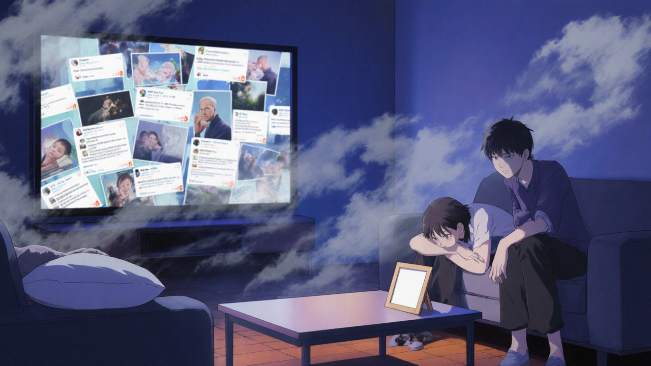 Couple on a couch surrounded by gray clouds, reflecting grief and tension.