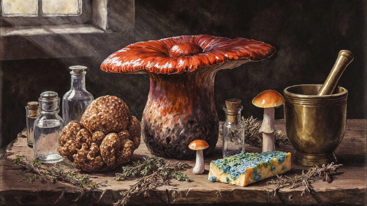 Display of Reishi, Chaga, Turkey Tail, Cordyceps, psilocybin, Agarikon, and Penicillium on a wooden table.