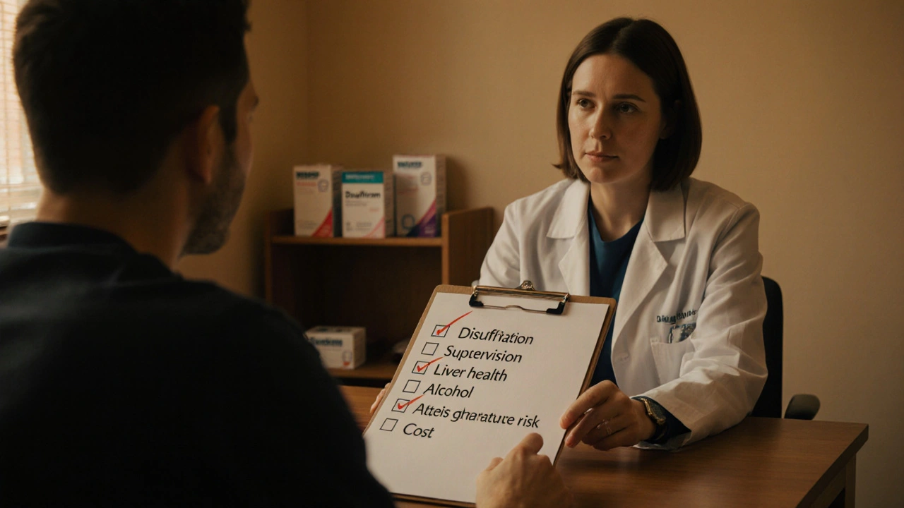 Doctor and patient discuss treatment options over a checklist in a cozy clinic.