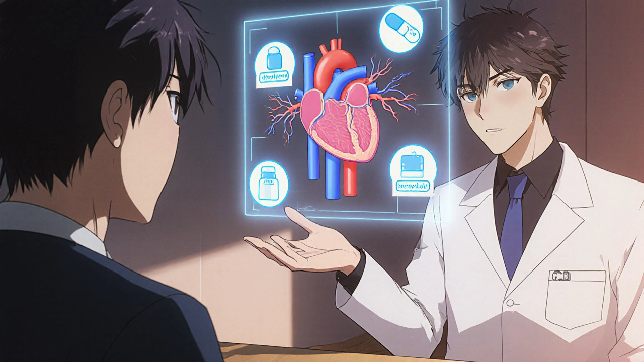 Doctor and patient discuss treatment with floating heart and drug icons in a sleek clinic.