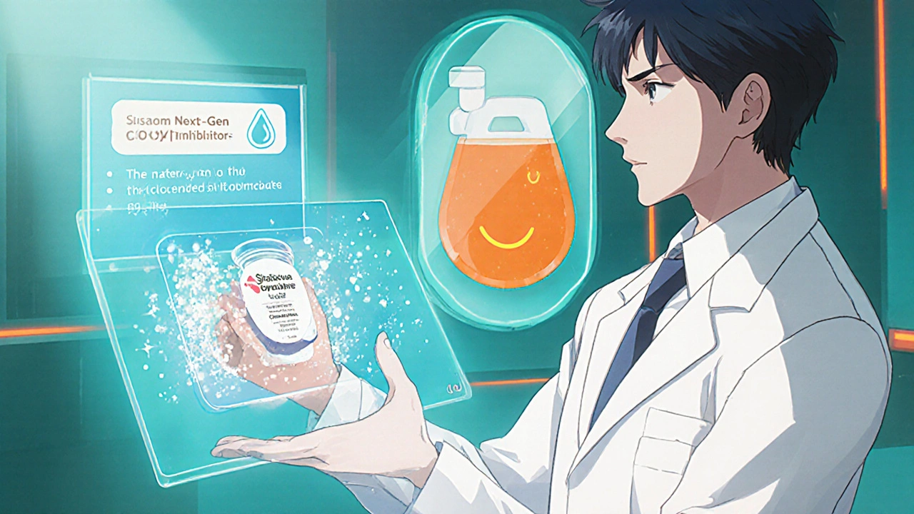 Doctor in clinic showing holographic tablet effects and future COMT inhibitor, with orange urine hint.