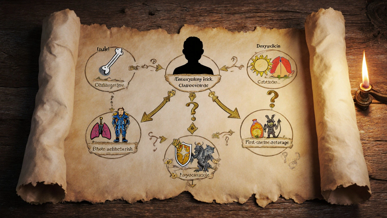 Fantasy quest map showing infection types and antibiotic paths.