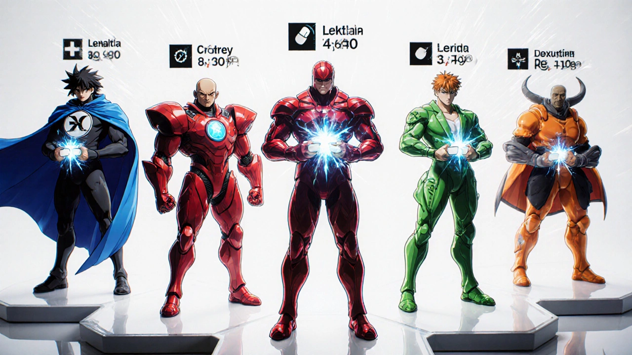 Five anime characters each holding a different ED medication tablet, displayed side by side.