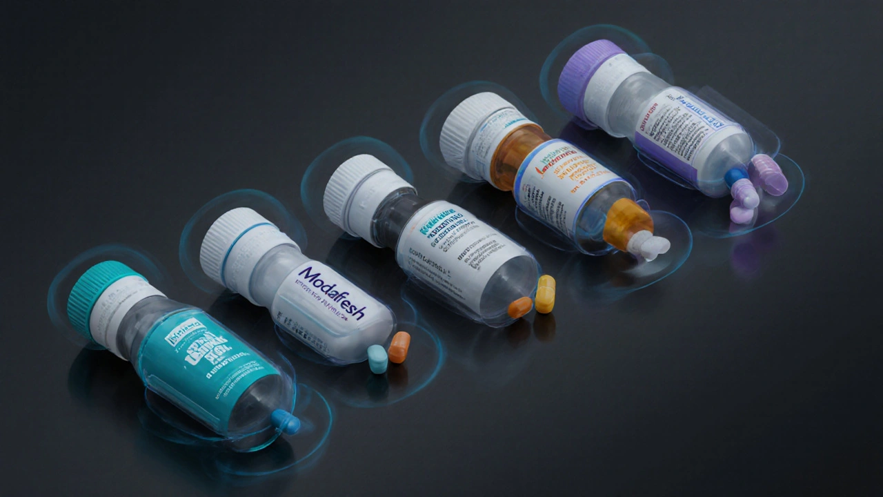 Flat‑lay of eight different wake‑promoting pills with glowing halos indicating duration.