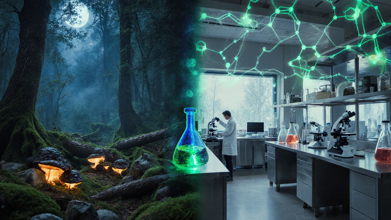 Forest floor with glowing fungi blends into a modern lab with scientists and molecular models.