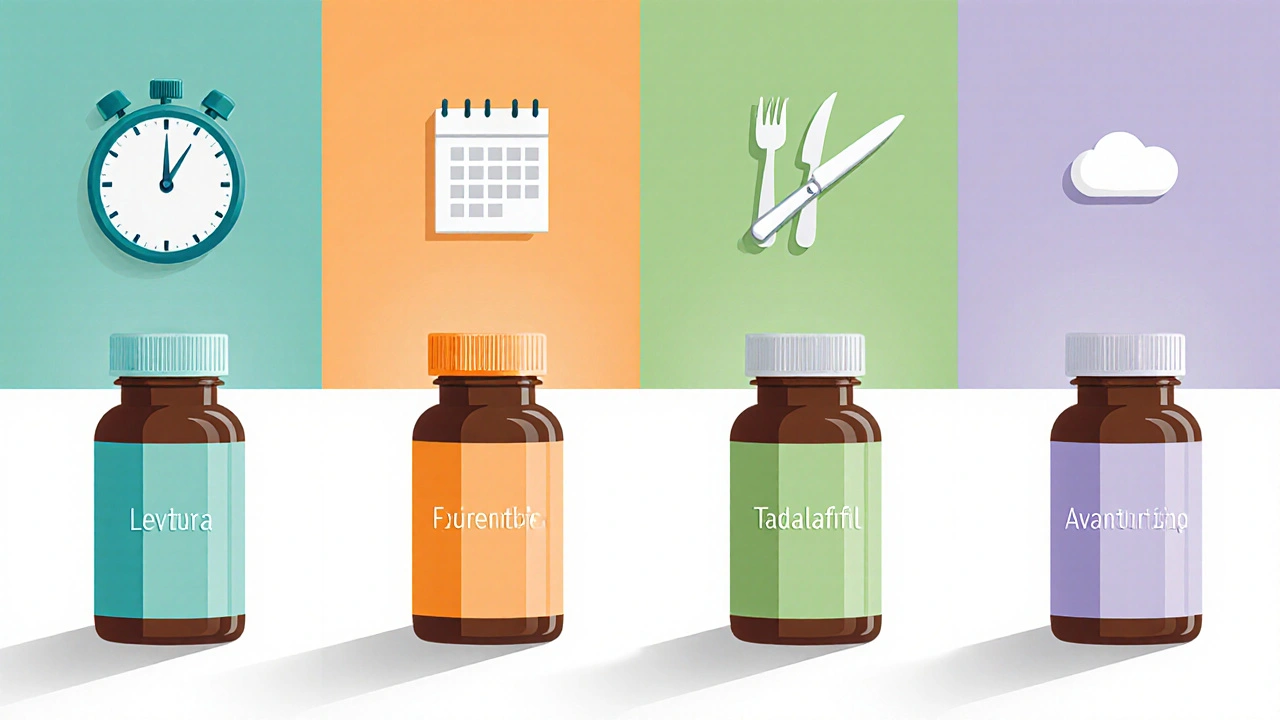 Four pill bottles on a white surface each surrounded by icons for onset, duration, food, and side effects.