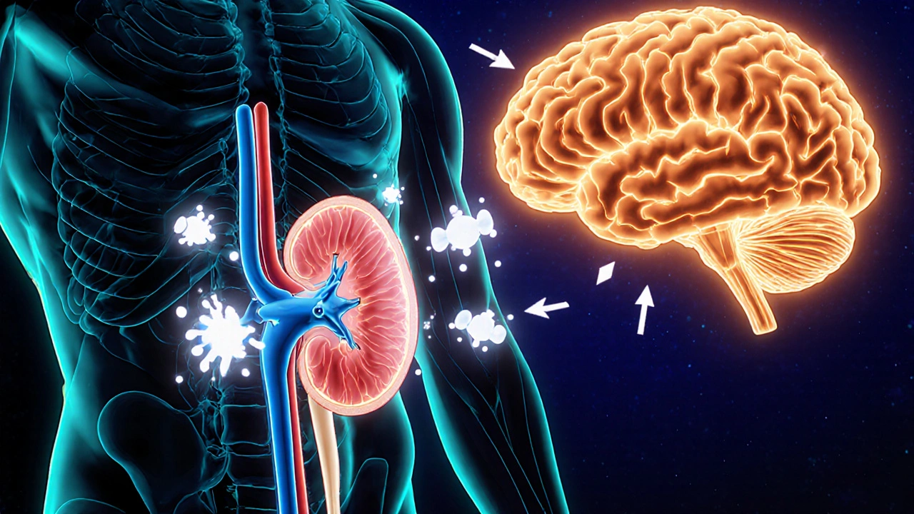 Kidney showing blocked glucose reabsorption and brain areas lit up by ketone energy.