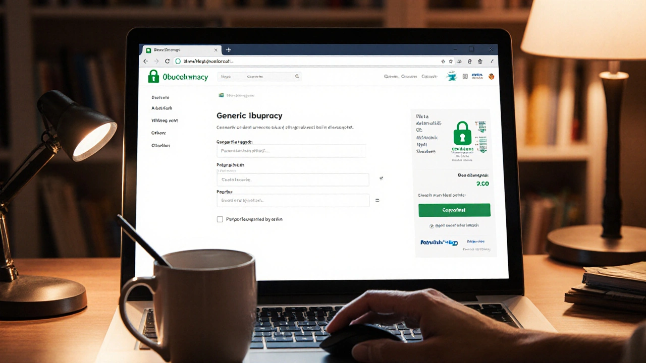 Laptop checkout screen showing padlock and MHRA badge, coffee mug beside.