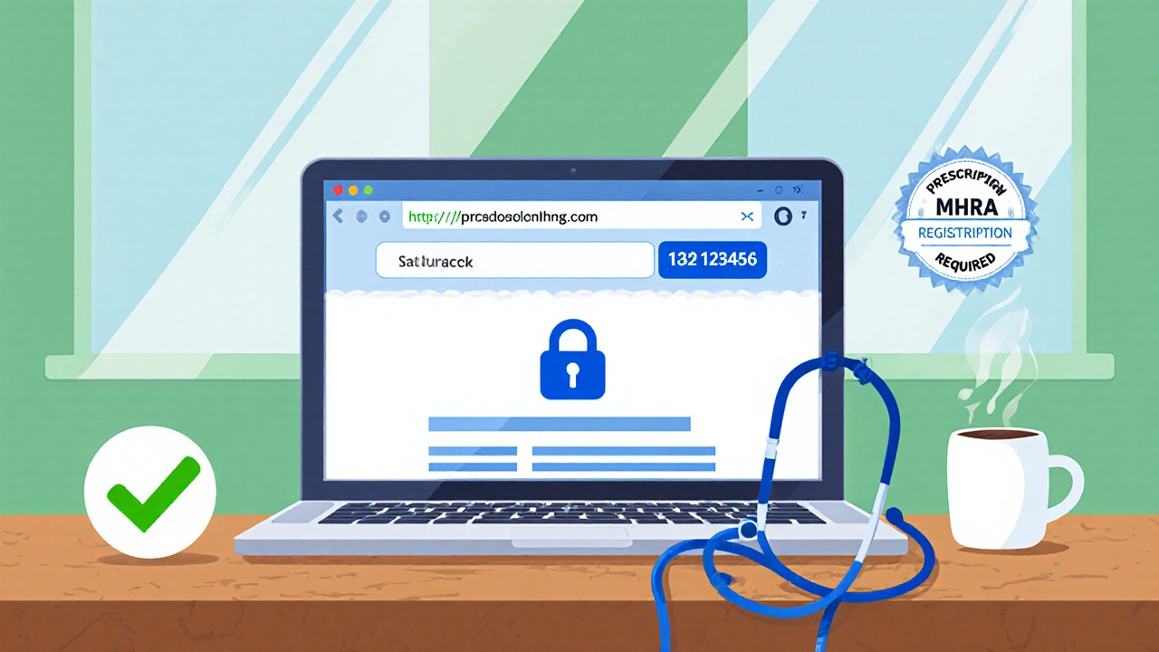 Laptop screen showing a secure online pharmacy site with MHRA number and safety icons.