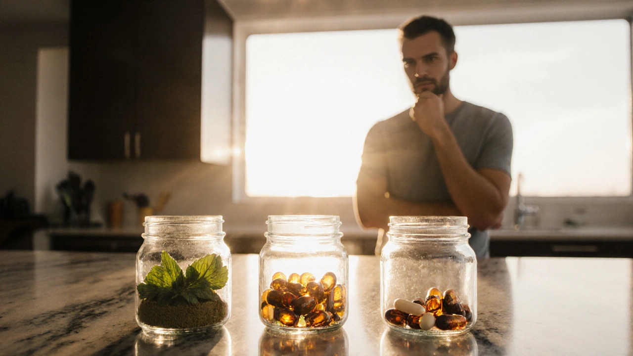 Man choosing between three supplement jars on a kitchen counter, illuminated by sunrise.
