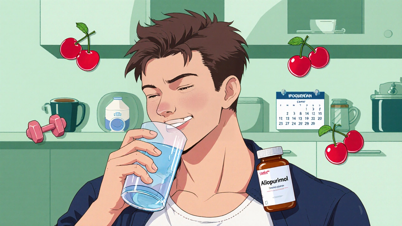 Man drinking water, eating cherries, exercising, and holding a medication bottle for gout management.