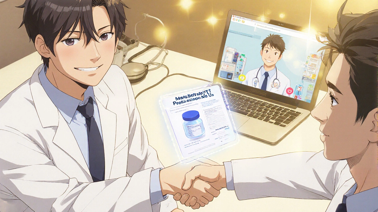 Man receiving a prescription for Malegra FXT from a doctor, with a holographic pill display.