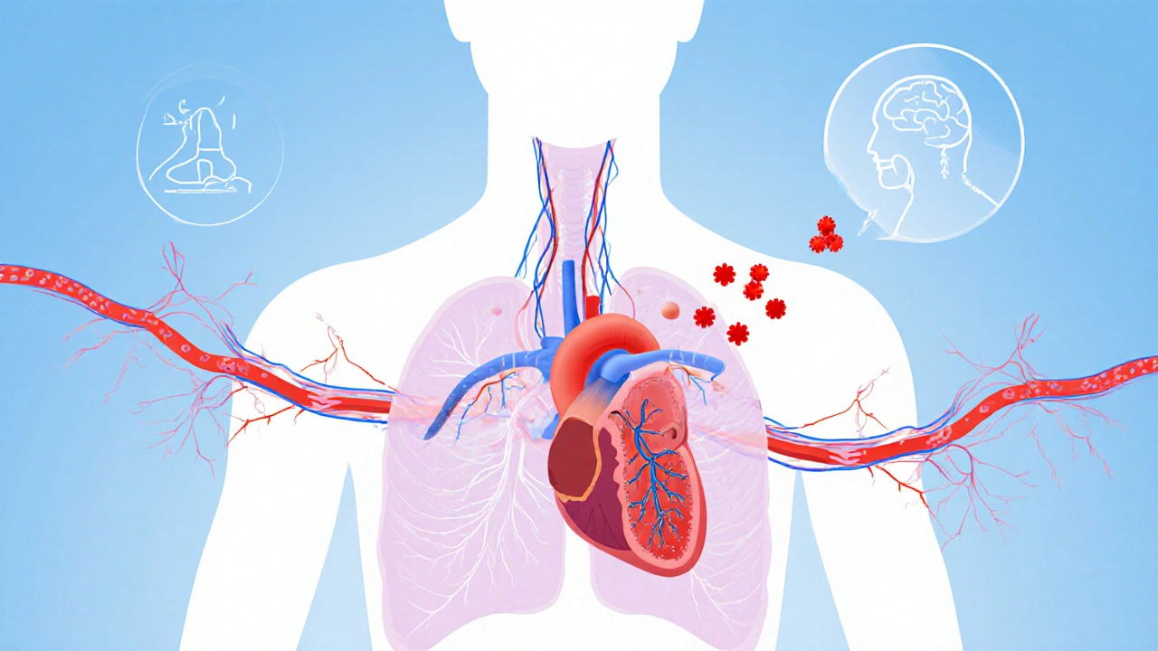 Medical illustration showing baroreceptors, heart, and adrenaline molecules interacting in the torso.