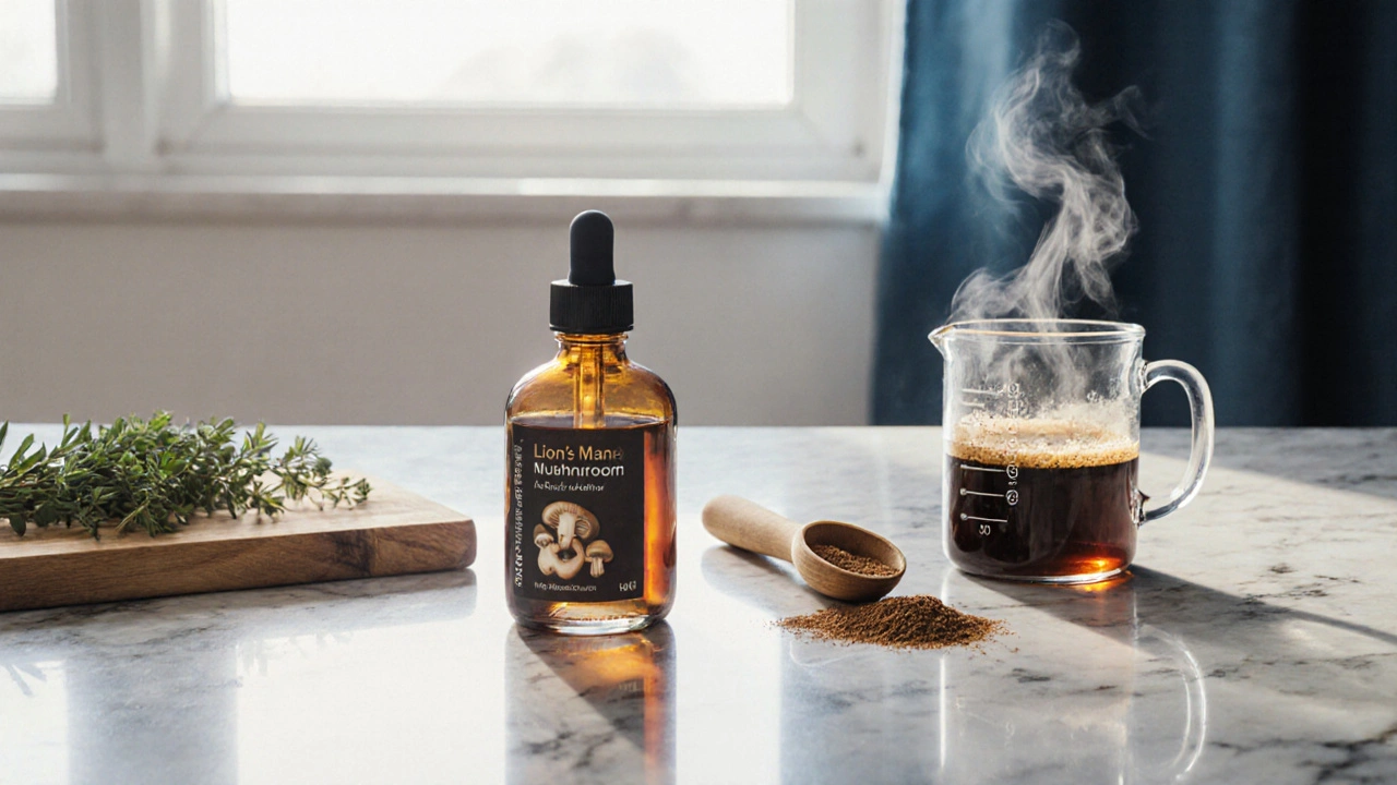 Modern kitchen display of mushroom supplement powder, coffee, and a glass tincture.