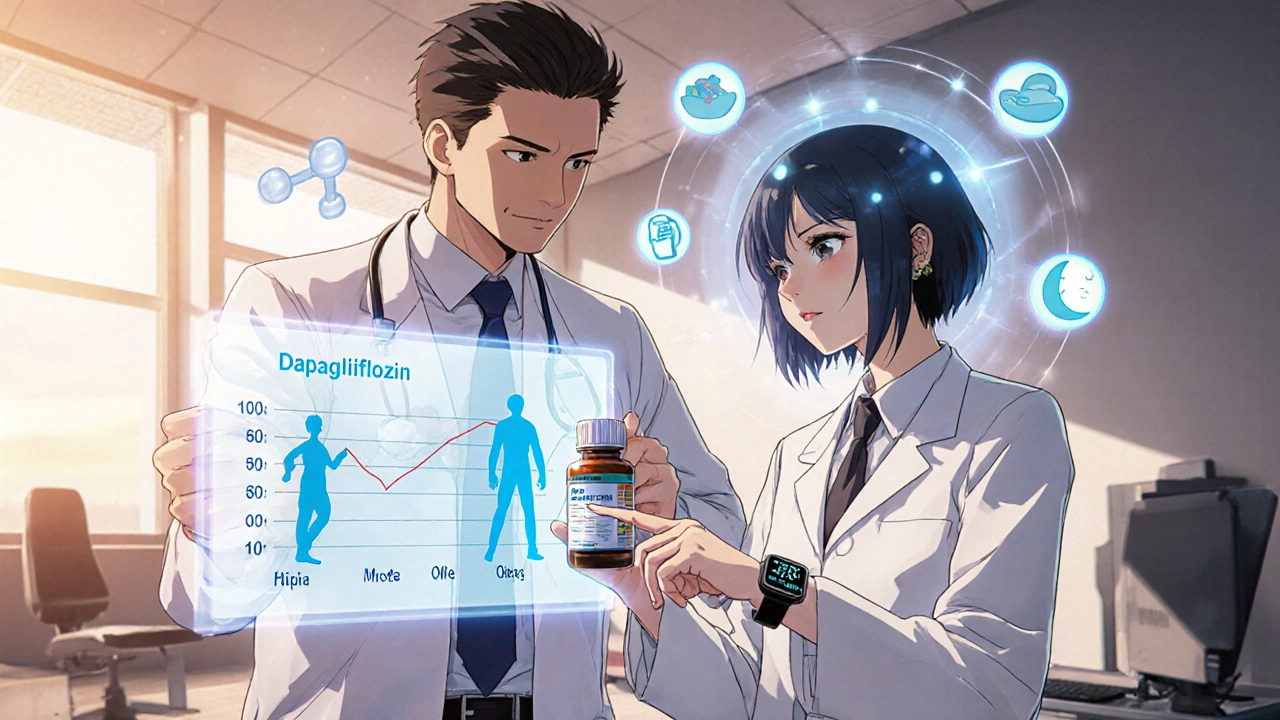 Patient and doctor discuss dapagliflozin while tracking improved cognition and healthy habits.