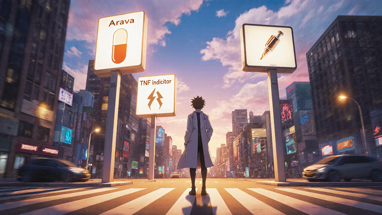 Patient at a crossroads choosing between a pill, a syringe, and a futuristic tablet.