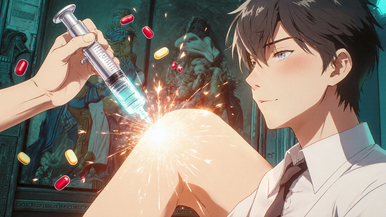 Patient receiving joint injection as inflammatory proteins dissolve into light, with fading natural remedy symbols in background.