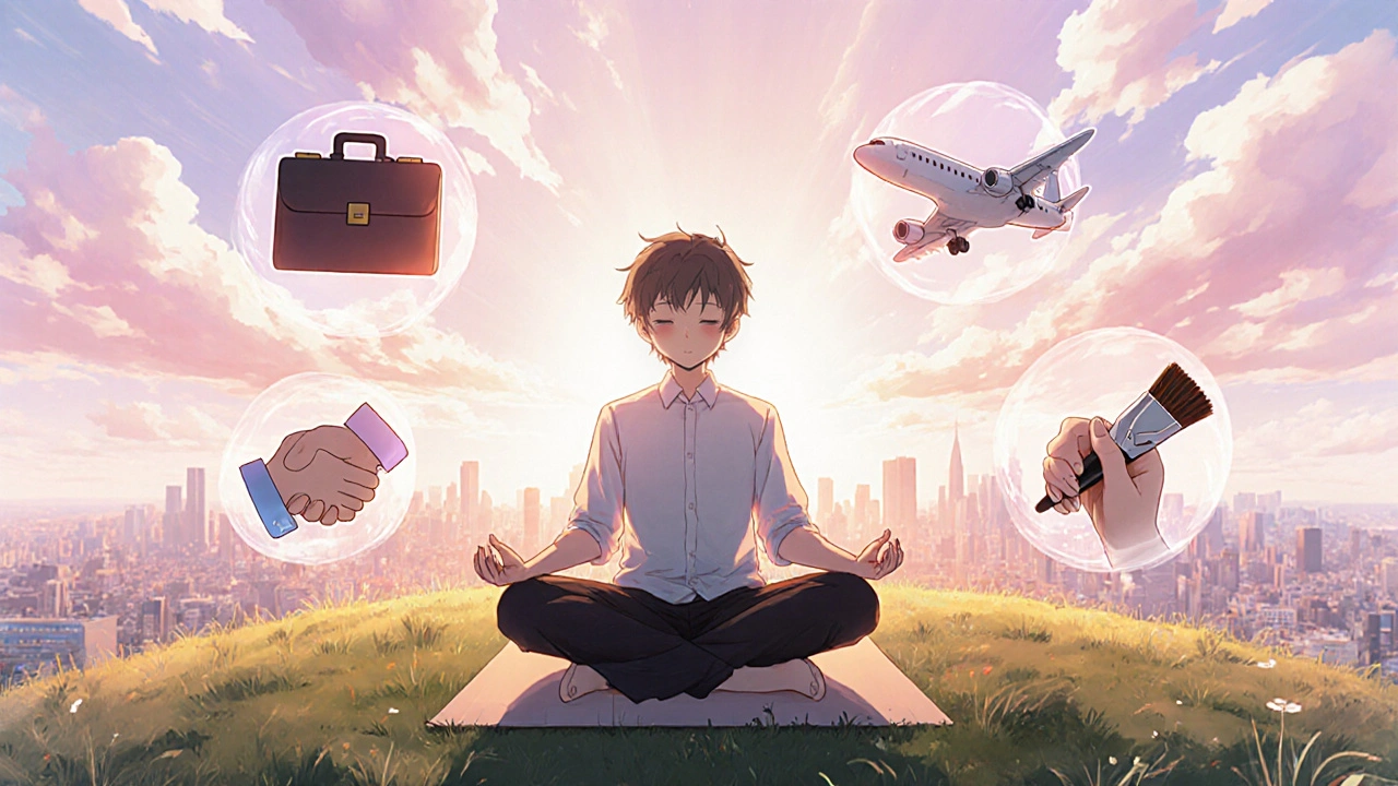 Person meditating on a hill at sunrise with floating icons of life goals.