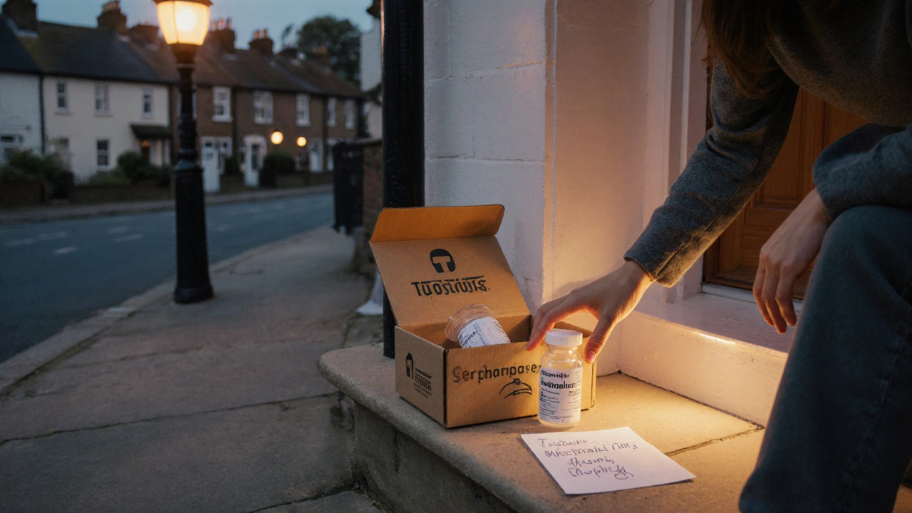 Person receiving a discreet box containing a sertraline bottle at a UK doorstep.