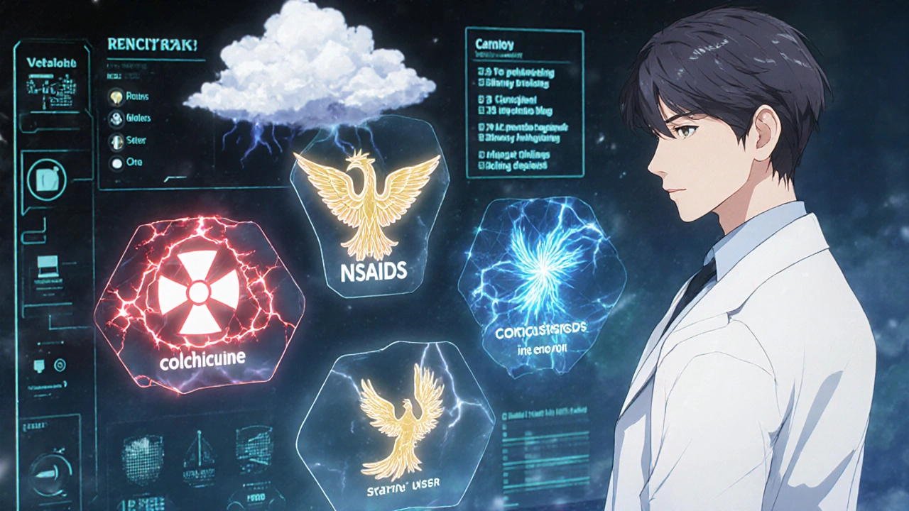 Rheumatologist facing holographic gout treatment options with symbolic drug icons and patient data streams.