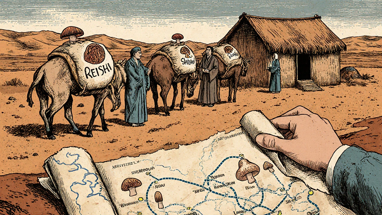 Silk Road caravan transports bundles of dried medicinal mushrooms across a desert.