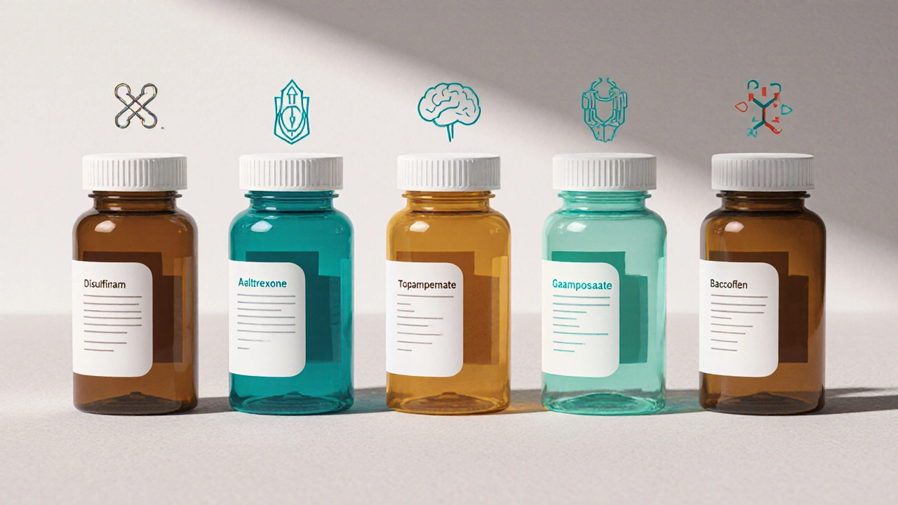 Six medication bottles arranged side by side, each with visual symbols of their mechanisms.