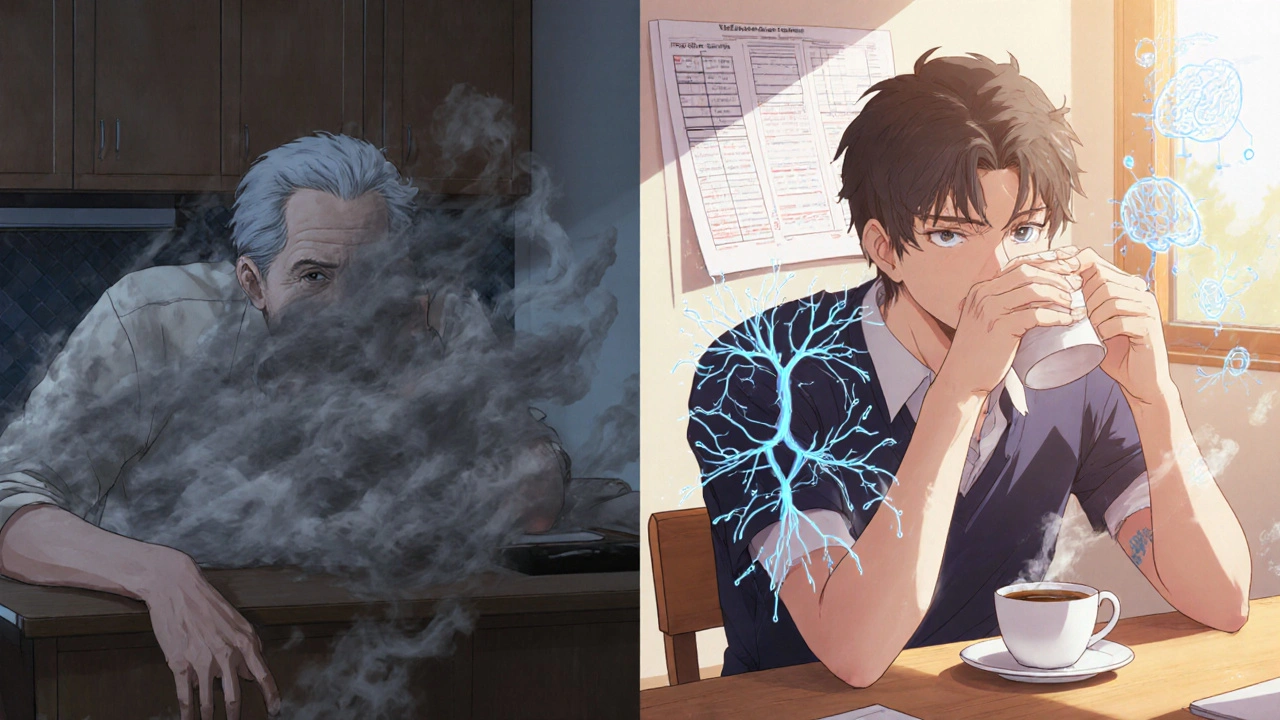 Split scene: a man with brain fog vs. clearer mind, floating neural pathways and medical graphs in background.