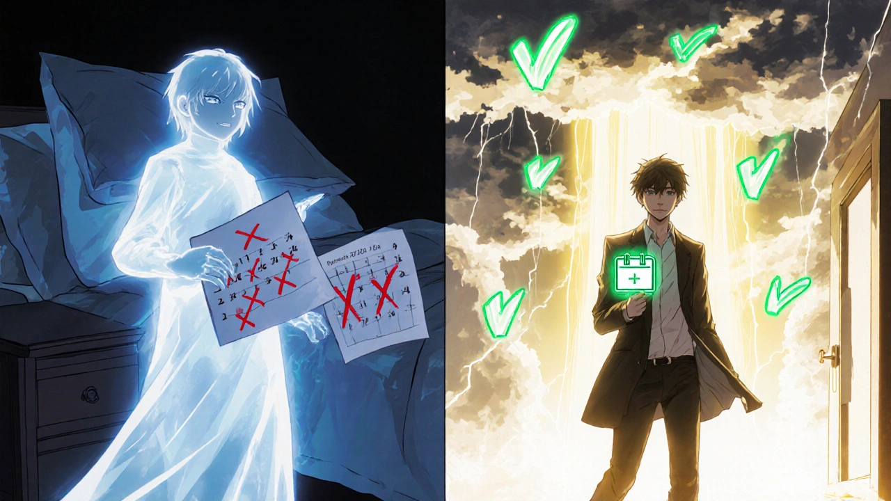 Split scene: one side shows missed lab tests in shadow, the other shows confident clinic visit with glowing checkmarks.