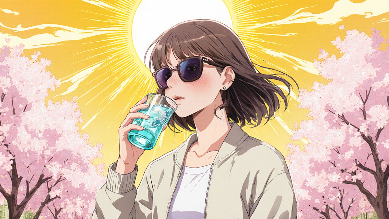 Teen girl taking Doxt‑SL tablet with water, wearing sunglasses under bright sun.