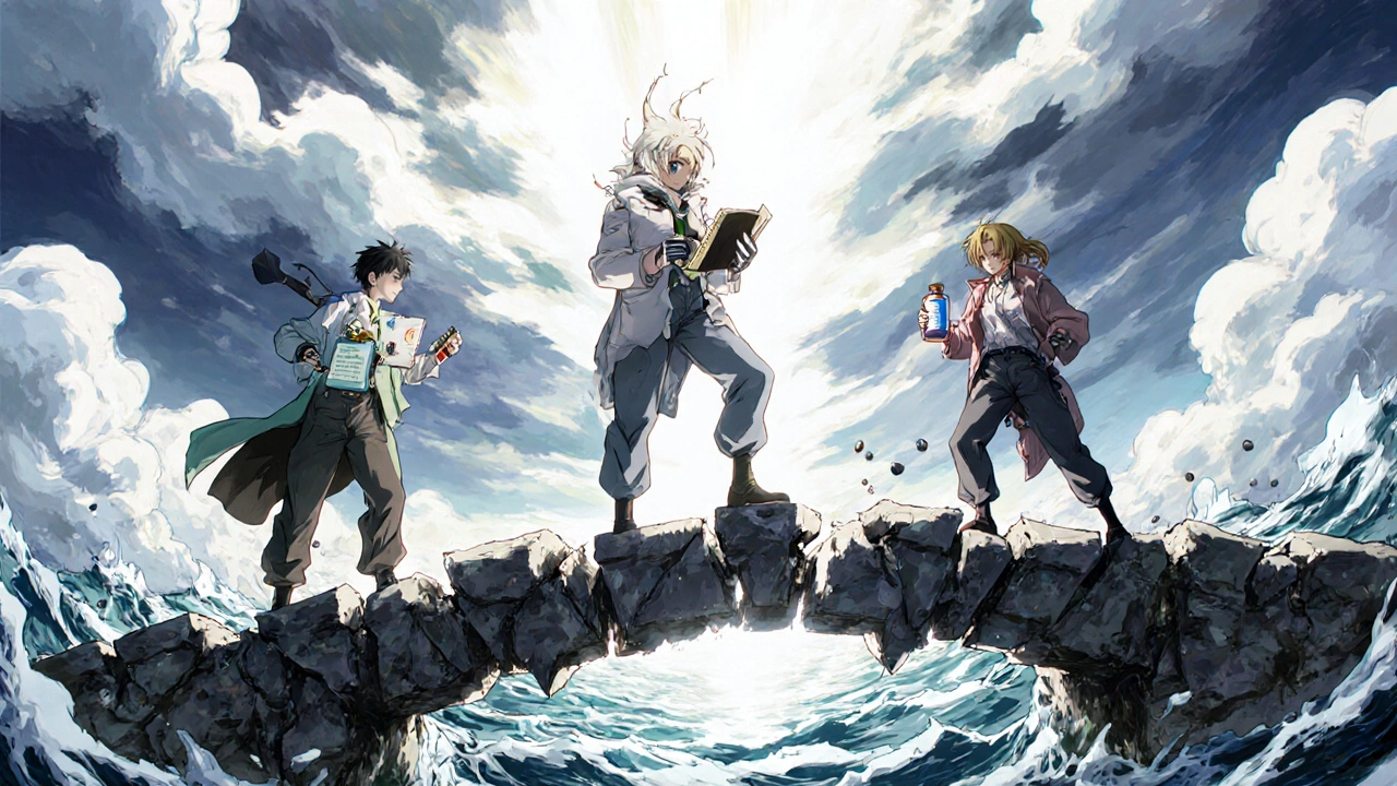 Three CFS patients on a stormy bridge, one holding amantadine as light shines on their path forward.