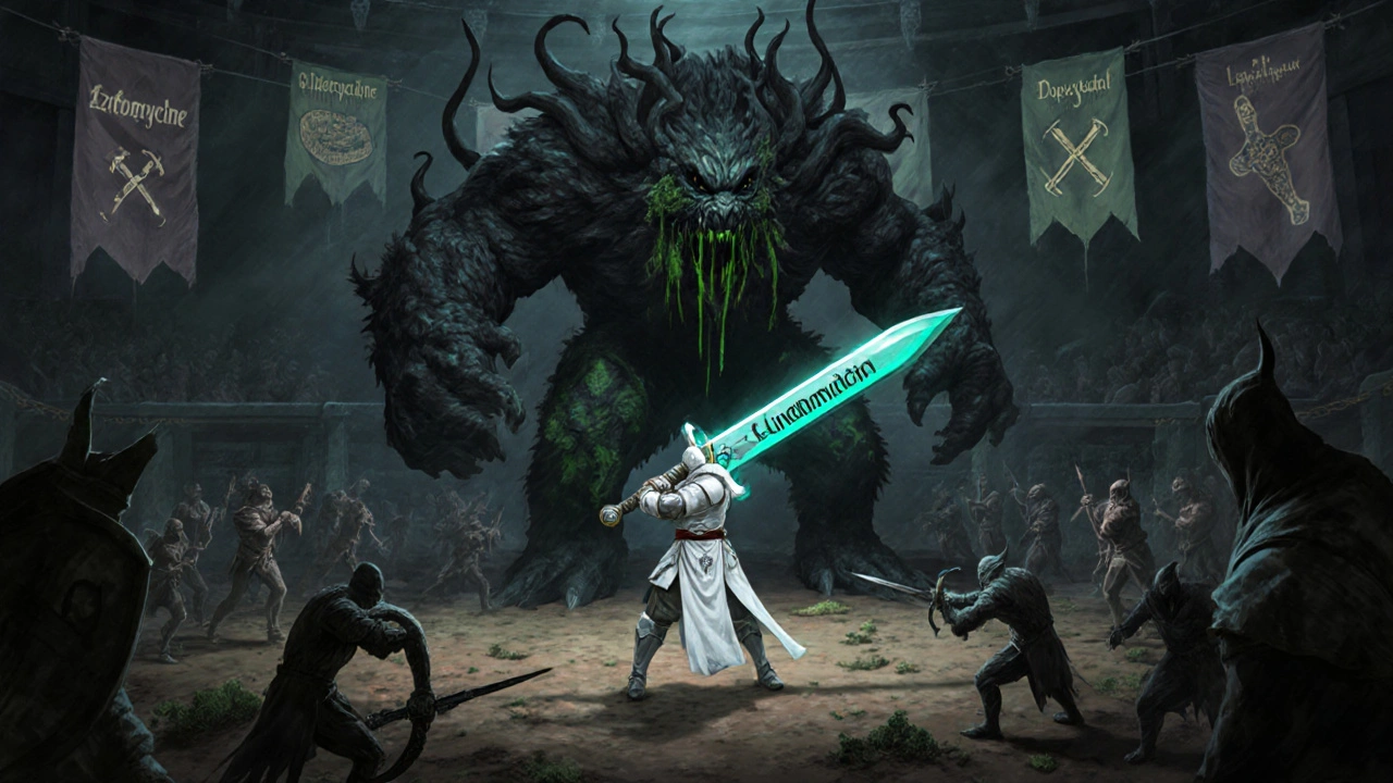 Warrior fighting C. difficile monster with clindamycin sword.