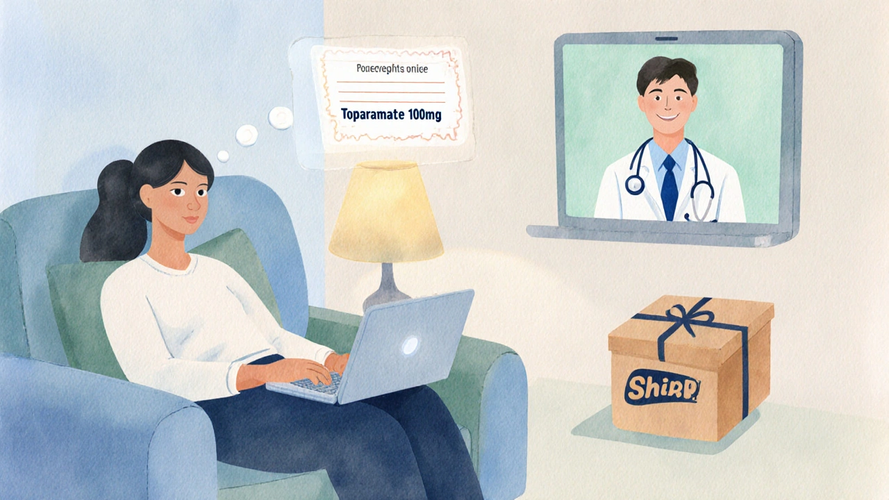 Watercolor scene of a telehealth video call and discreet medication delivery.