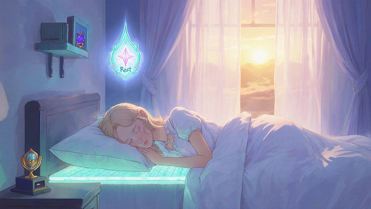 Woman sleeping peacefully in sunrise-lit room with calming aura and rest badge.
