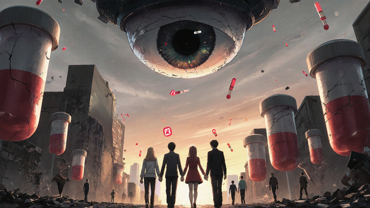 A city of crumbling pill buildings, AI eye overhead, people walking together with an injection in hand.